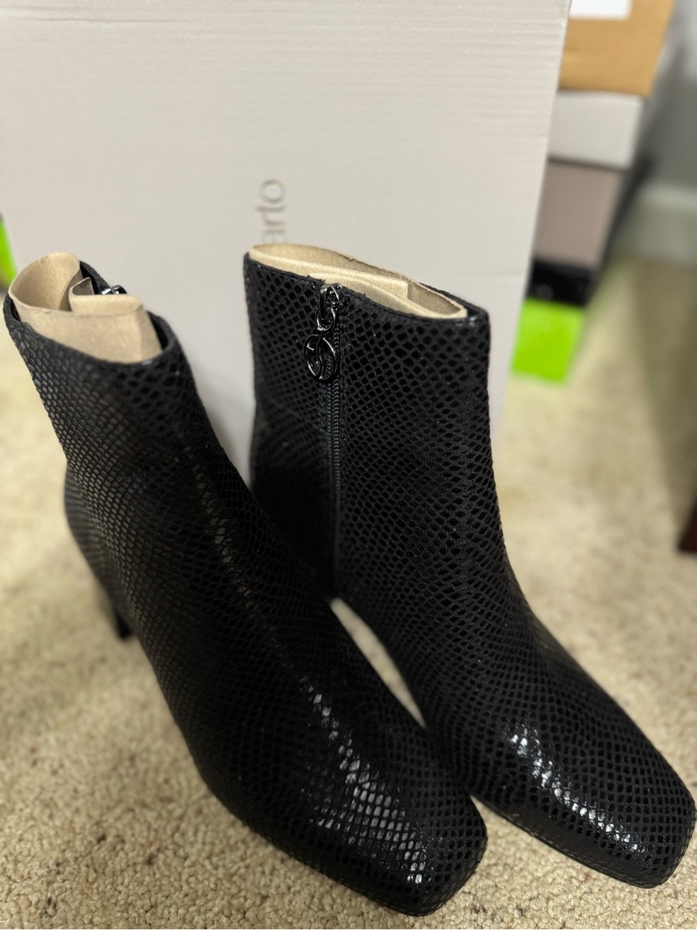 Franco Sarto Black Textured Ankle Booties with Side Zip